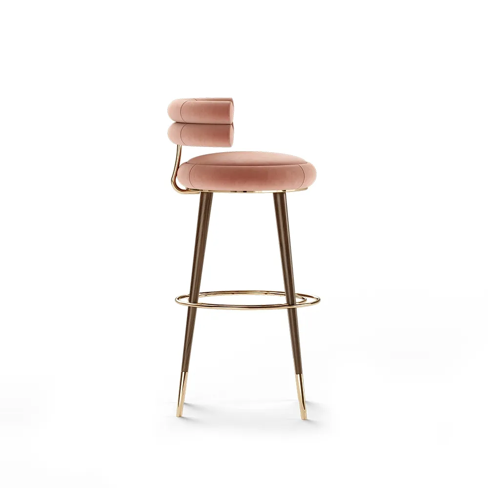 Blush Pink Velvet Upholstered Bar Stool with Gold Accents