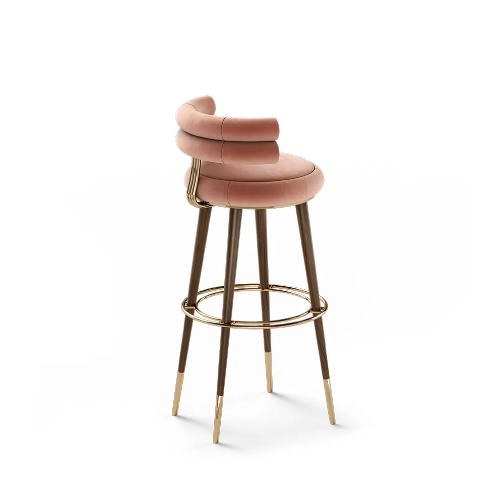 Blush Pink Velvet Upholstered Bar Stool with Gold Accents