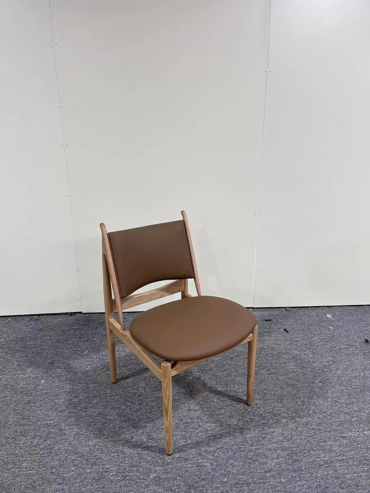 Light Brown Leather Upholstered Natural Wood Frame Mid Century Dining Chair