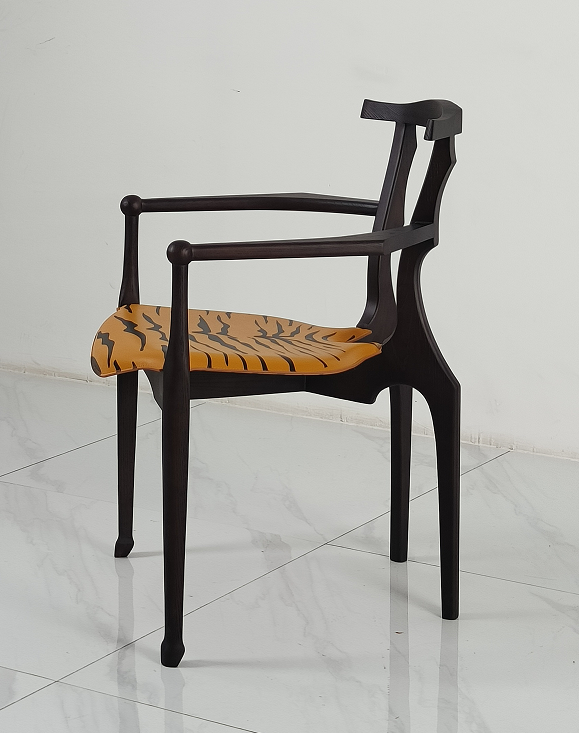 Dark Ebonized Wood Frame Tiger Print Upholstered Armchair