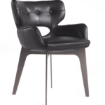 Black Tufted Leather Chair Cutout Arm Dark Wood Metal Legs