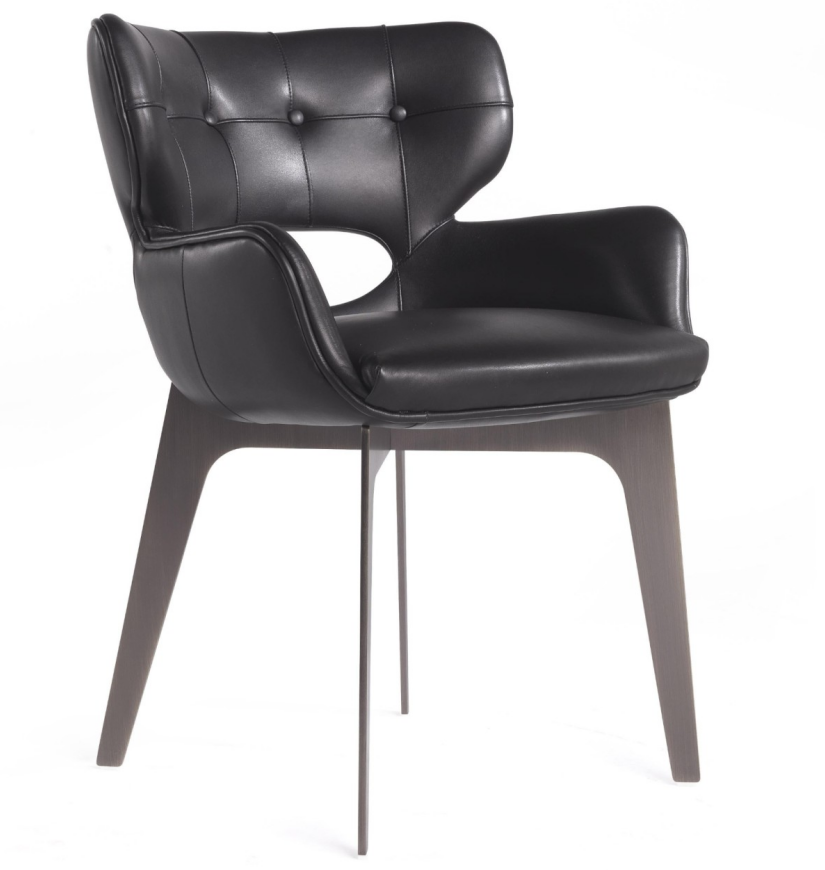 Black Tufted Leather Chair Cutout Arm Dark Wood Metal Legs