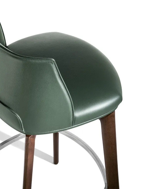 Dark Green Leather Upholstered Walnut Wood Bar Stool with Footrest