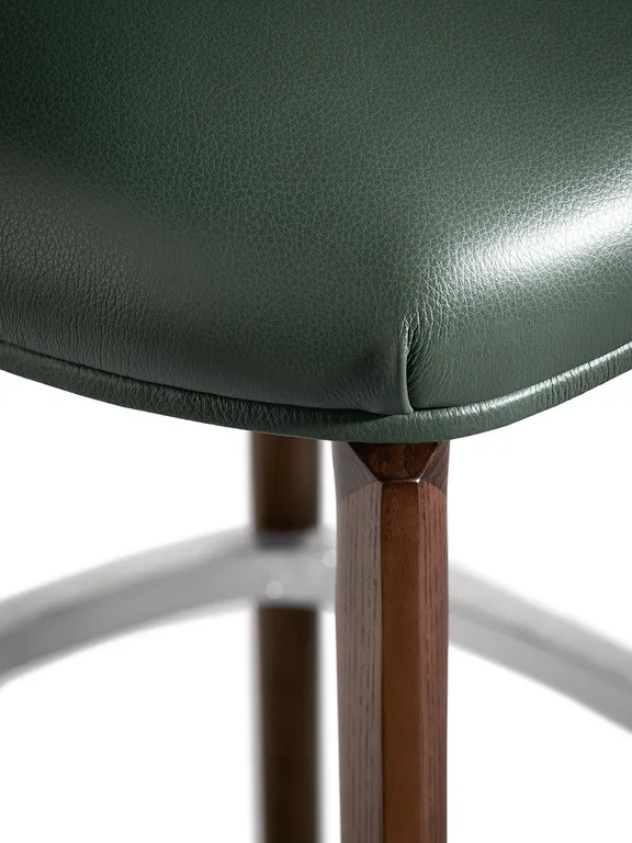 Dark Green Leather Upholstered Walnut Wood Bar Stool with Footrest