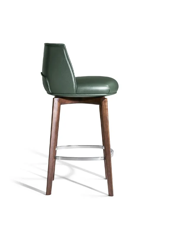 Dark Green Leather Upholstered Walnut Wood Bar Stool with Footrest