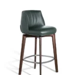 Dark Green Leather Upholstered Walnut Wood Bar Stool with Footrest
