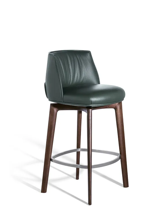 Dark Green Leather Upholstered Walnut Wood Bar Stool with Footrest