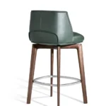 Dark Green Leather Upholstered Walnut Wood Bar Stool with Footrest
