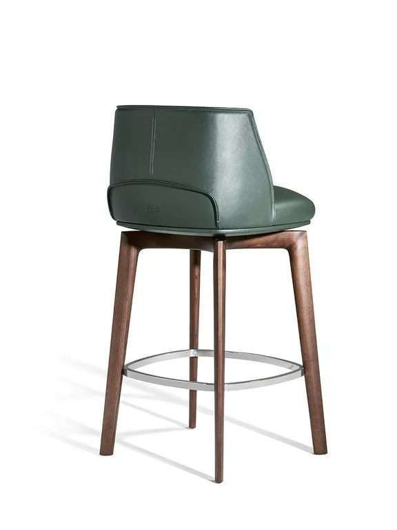 Dark Green Leather Upholstered Walnut Wood Bar Stool with Footrest