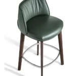 Dark Green Leather Upholstered Walnut Wood Bar Stool with Footrest