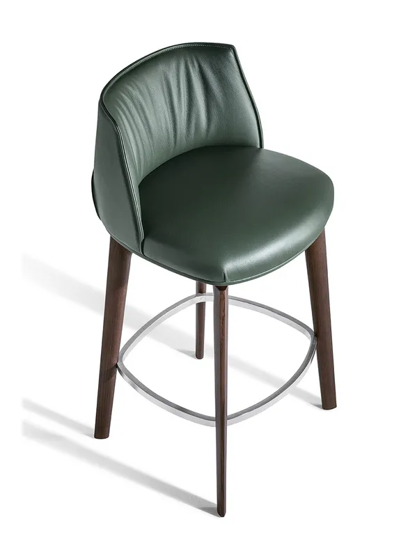 Dark Green Leather Upholstered Walnut Wood Bar Stool with Footrest