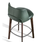 Dark Green Leather Upholstered Walnut Wood Bar Stool with Footrest