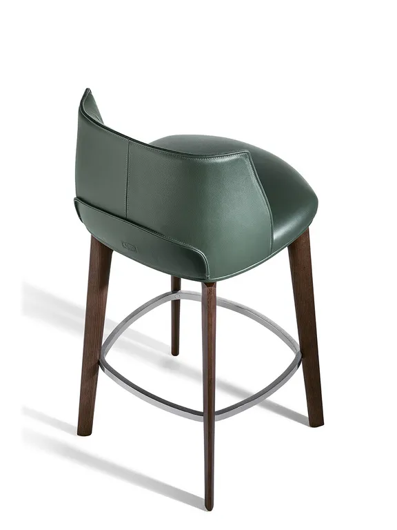 Dark Green Leather Upholstered Walnut Wood Bar Stool with Footrest