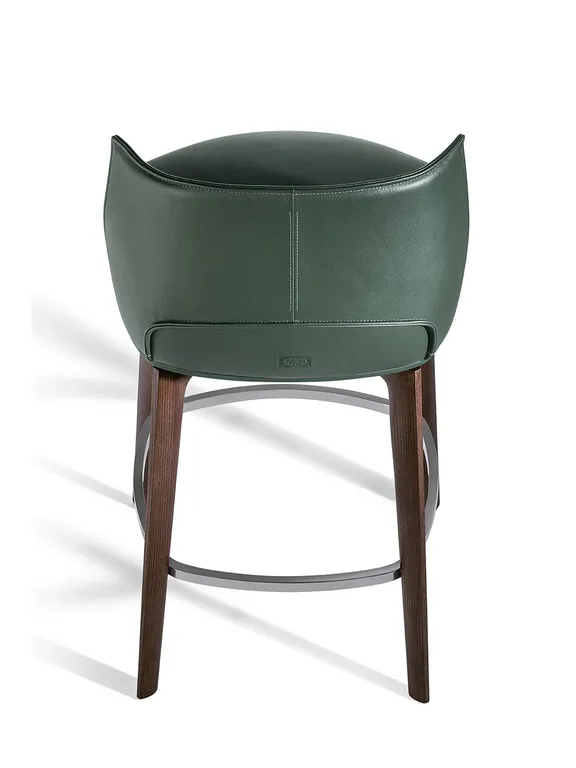 Dark Green Leather Upholstered Walnut Wood Bar Stool with Footrest
