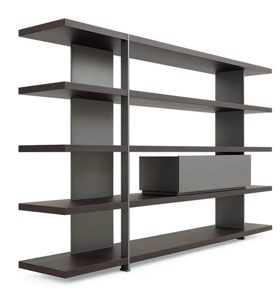 Five Tier Dark Wooden Open Display Shelf with Metal Frame and Drawer