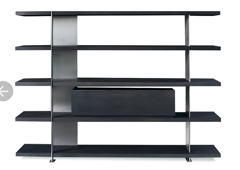 Five Tier Dark Wooden Open Display Shelf with Metal Frame and Drawer