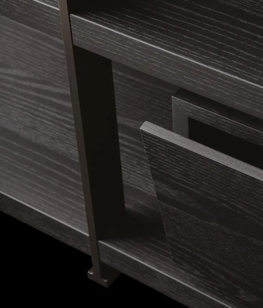 Five Tier Dark Wooden Open Display Shelf with Metal Frame and Drawer