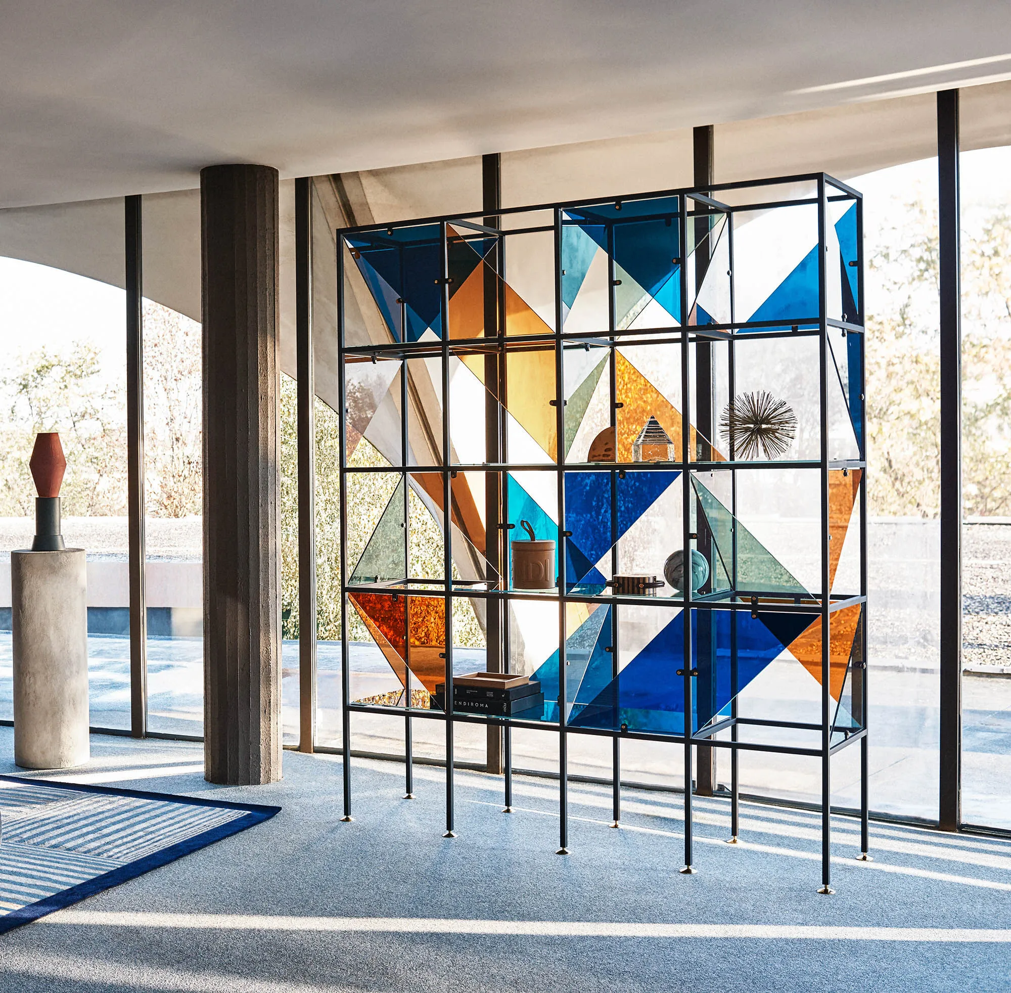 Geometric Pattern Metal Frame Open Display Bookshelf Sideboard with Acrylic Panels