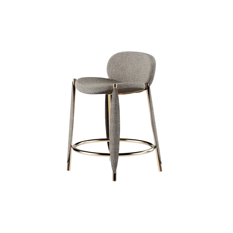 Grey Textured Fabric Bar Stool with Gold Metal Frame