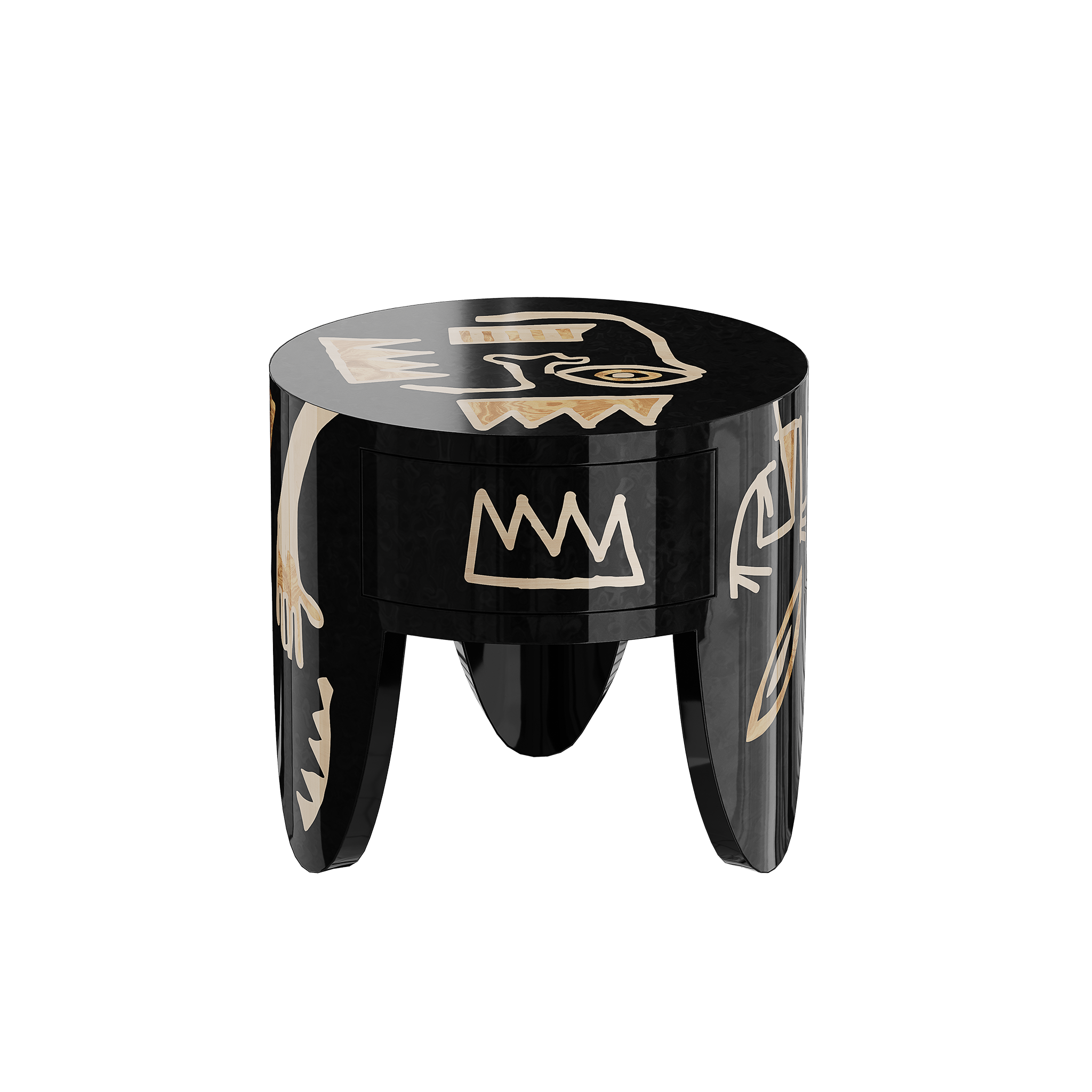 Bedside Table in Abstract Black Yellow Wood and One Drawer Nightstand