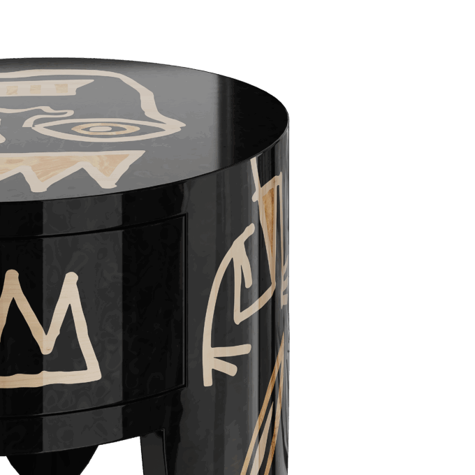 Bedside Table in Abstract Black Yellow Wood and One Drawer Nightstand