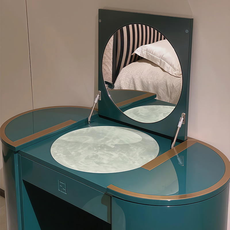 Italian Minimalist Luxury Emerald Green Solid Wood Adjustable Folding Mirror Vanity with Storage