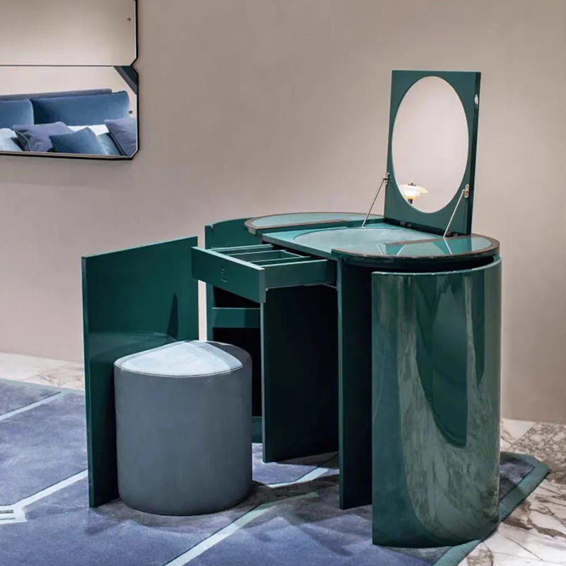 Italian Minimalist Luxury Emerald Green Solid Wood Adjustable Folding Mirror Vanity with Storage