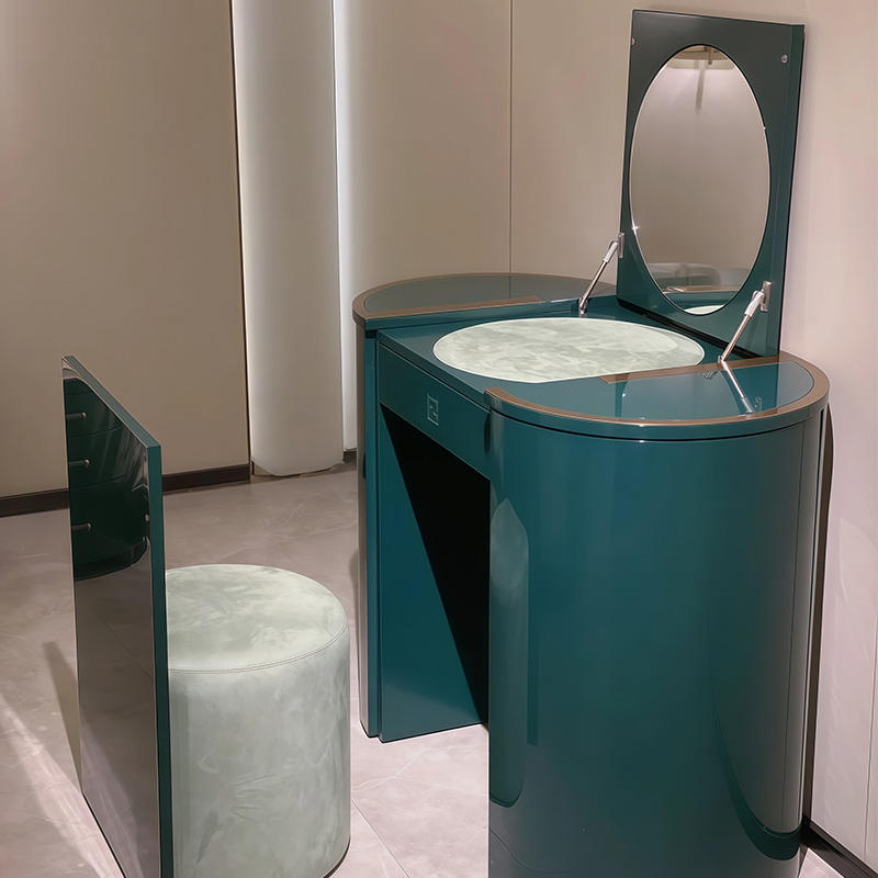 Italian Minimalist Luxury Emerald Green Solid Wood Adjustable Folding Mirror Vanity with Storage