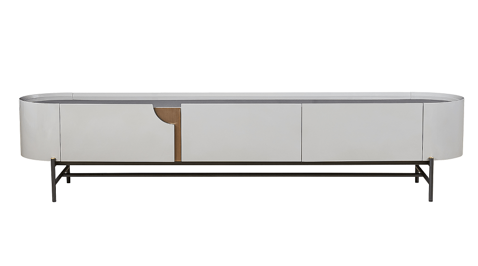 Oval-Edge TV Console Leather Finish Brass Accent Black Metal Base