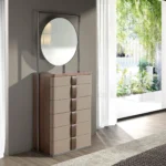 Walnut Tall Dresser with Round Mirror and Upholstered Drawers