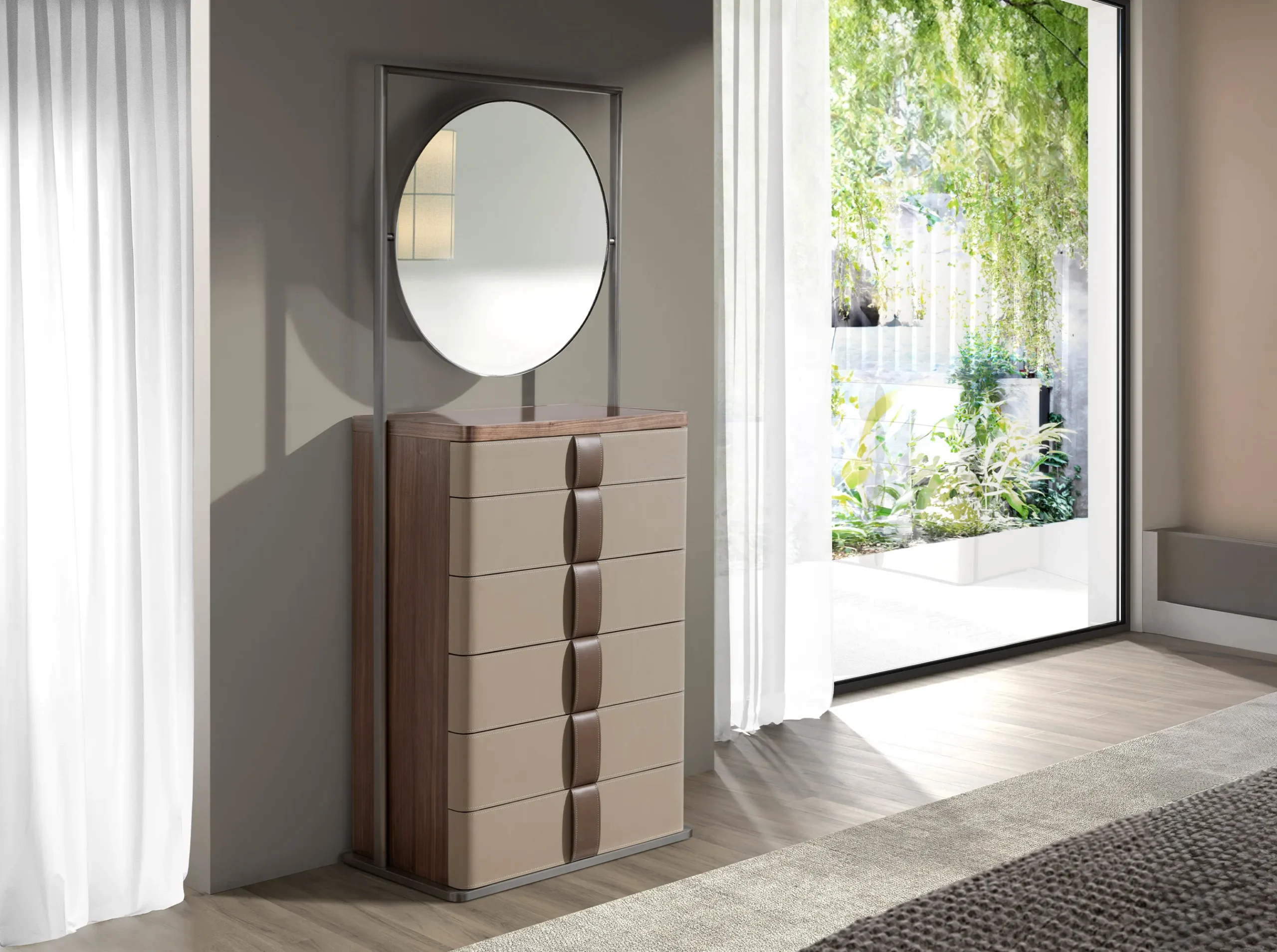 Walnut Tall Dresser with Round Mirror and Upholstered Drawers