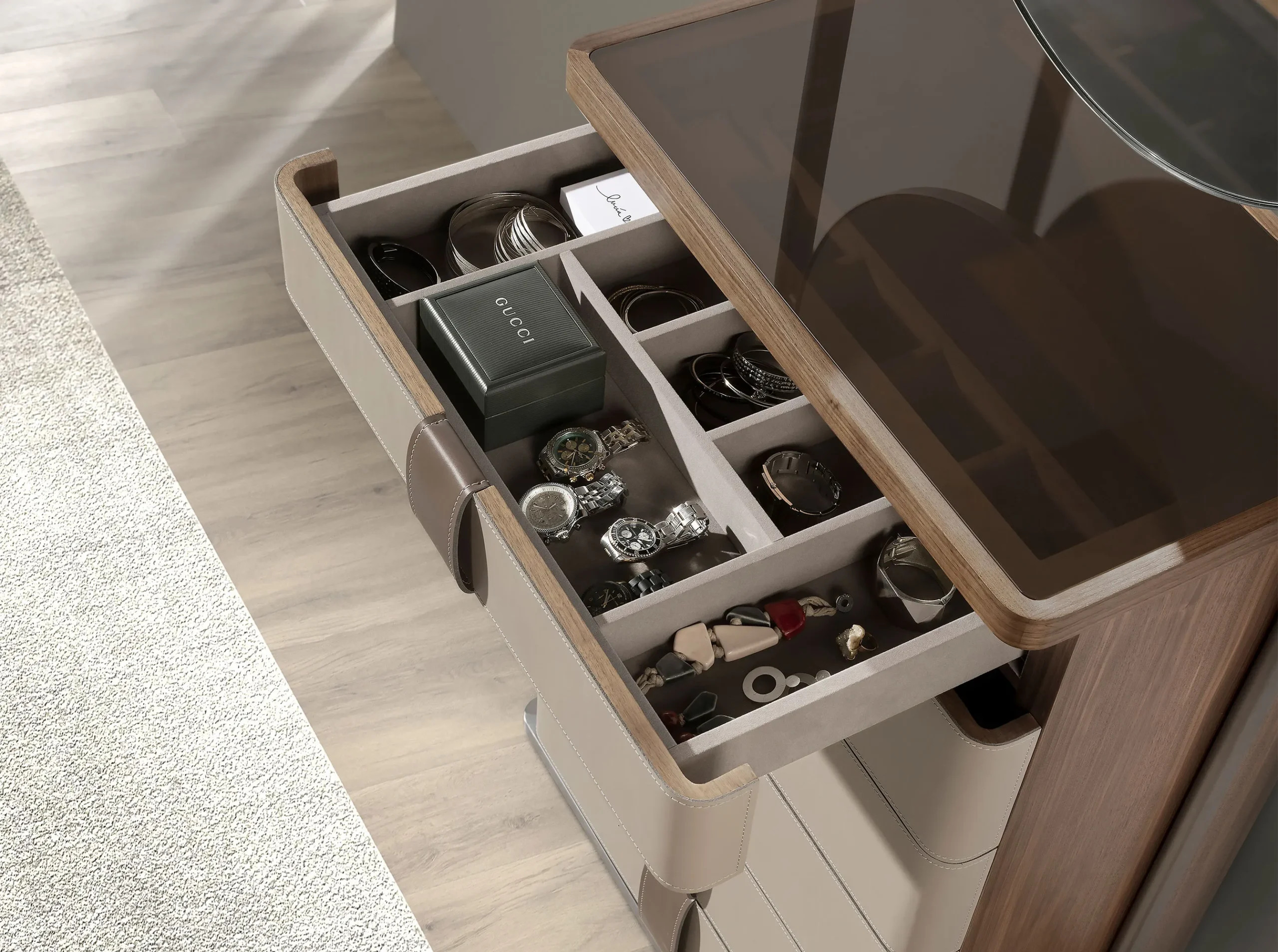 Walnut Tall Dresser with Round Mirror and Upholstered Drawers