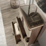 Walnut Tall Dresser with Round Mirror and Upholstered Drawers