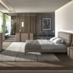 Walnut Tall Dresser with Round Mirror and Upholstered Drawers