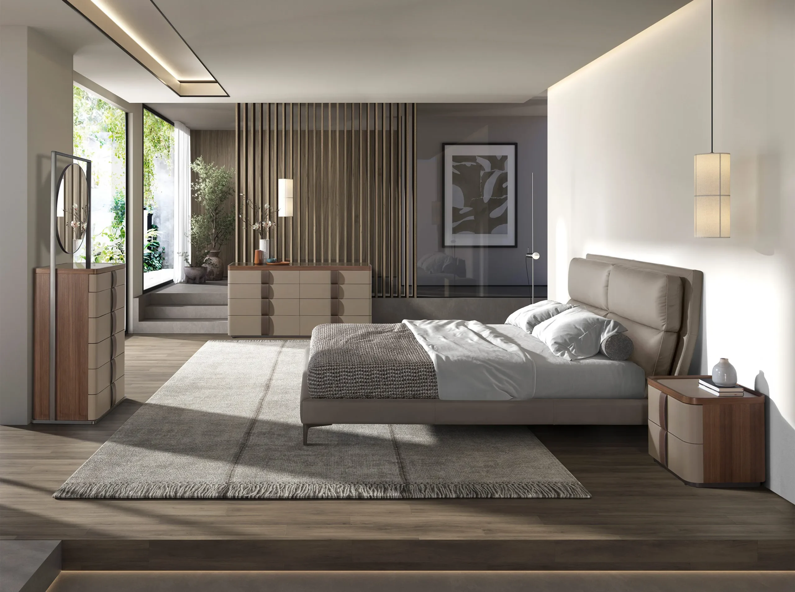 Walnut Tall Dresser with Round Mirror and Upholstered Drawers