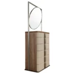 Walnut Tall Dresser with Round Mirror and Upholstered Drawers