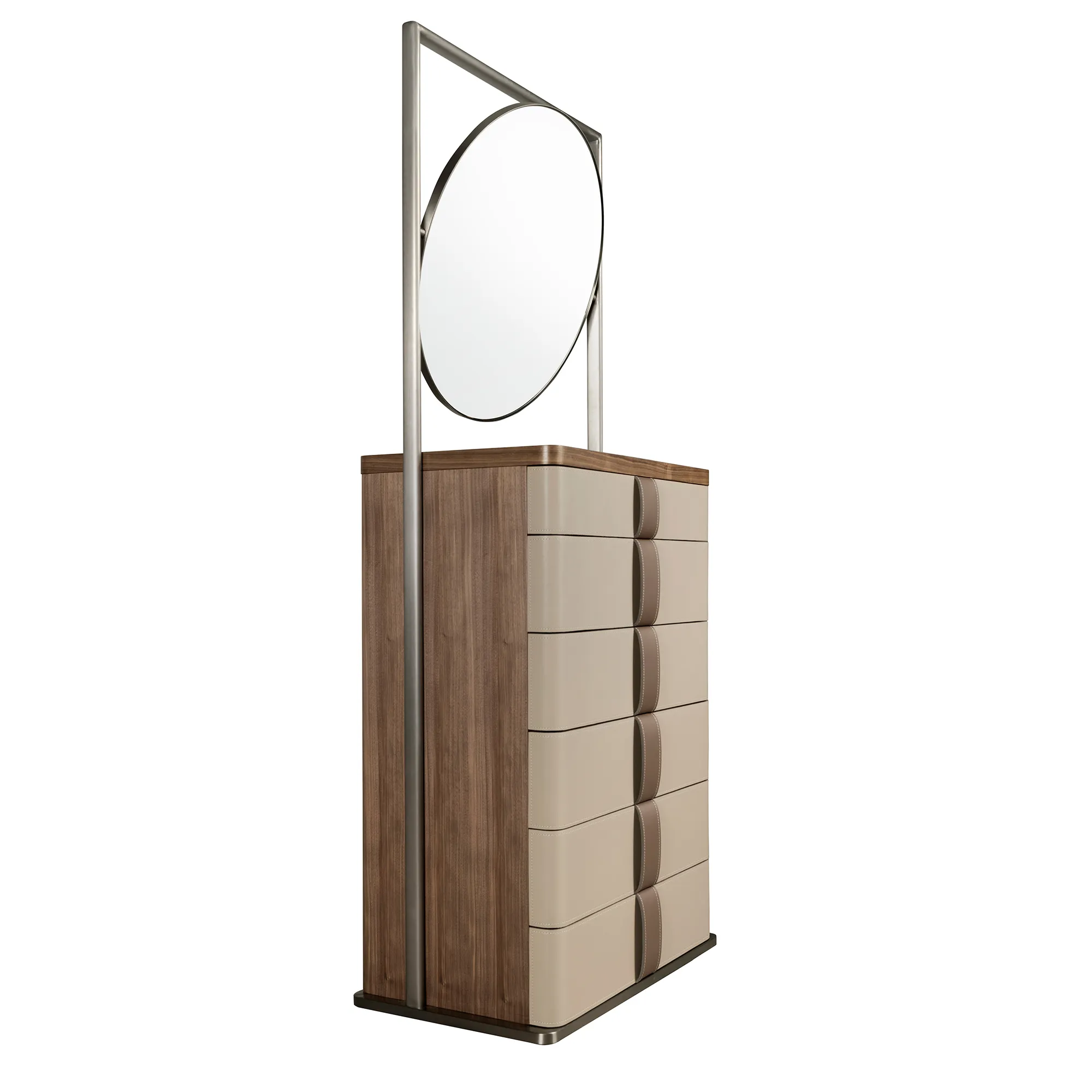 Walnut Tall Dresser with Round Mirror and Upholstered Drawers