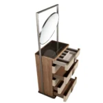 Walnut Tall Dresser with Round Mirror and Upholstered Drawers