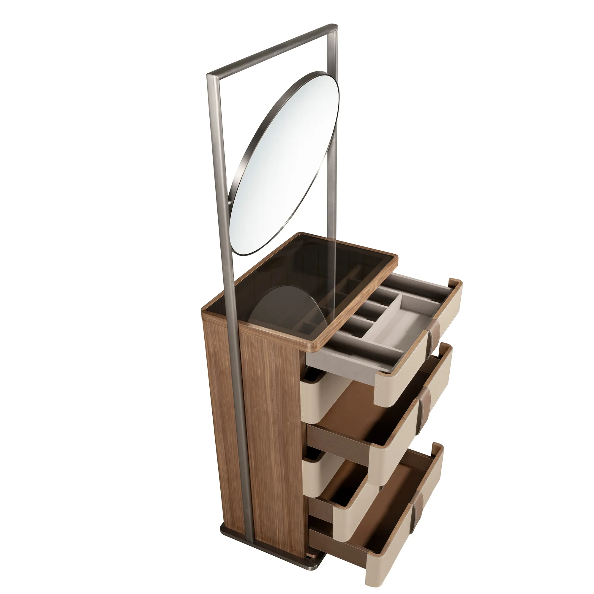 Walnut Tall Dresser with Round Mirror and Upholstered Drawers