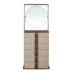 Walnut Tall Dresser with Round Mirror and Upholstered Drawers