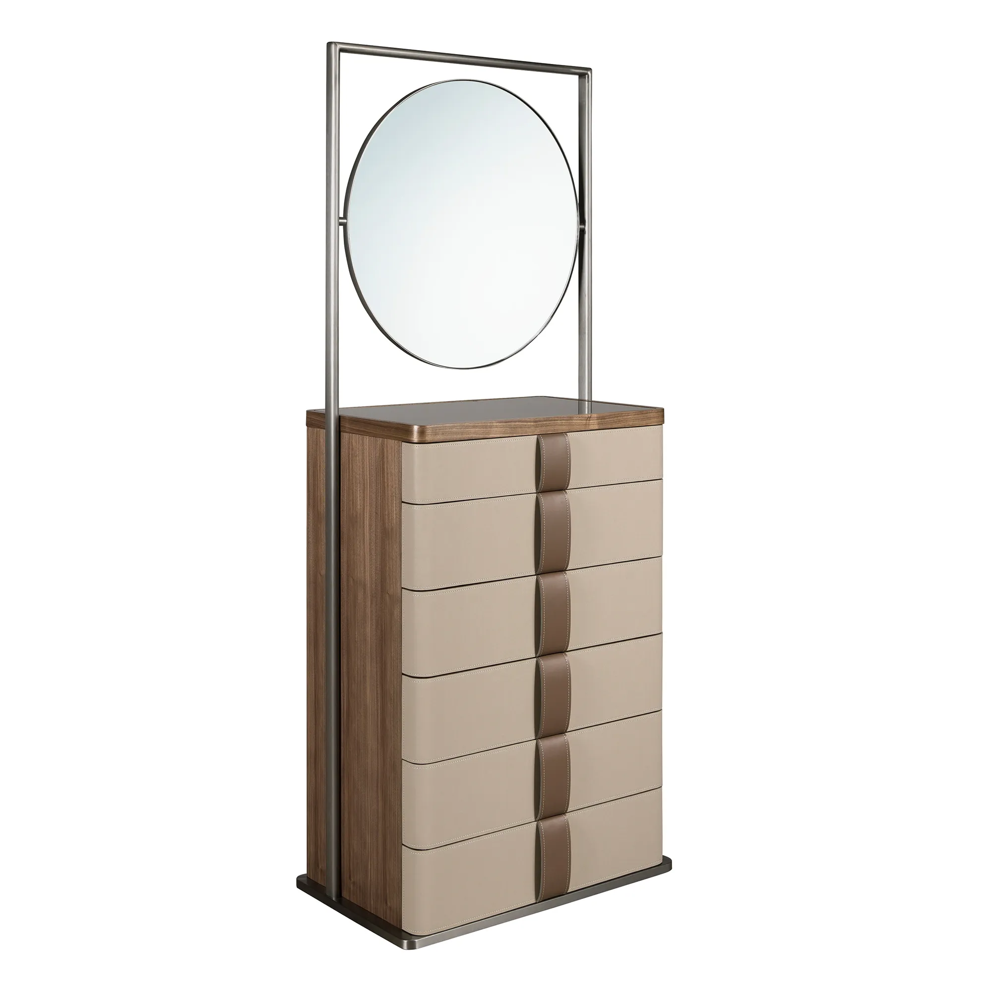 Walnut Tall Dresser with Round Mirror and Upholstered Drawers