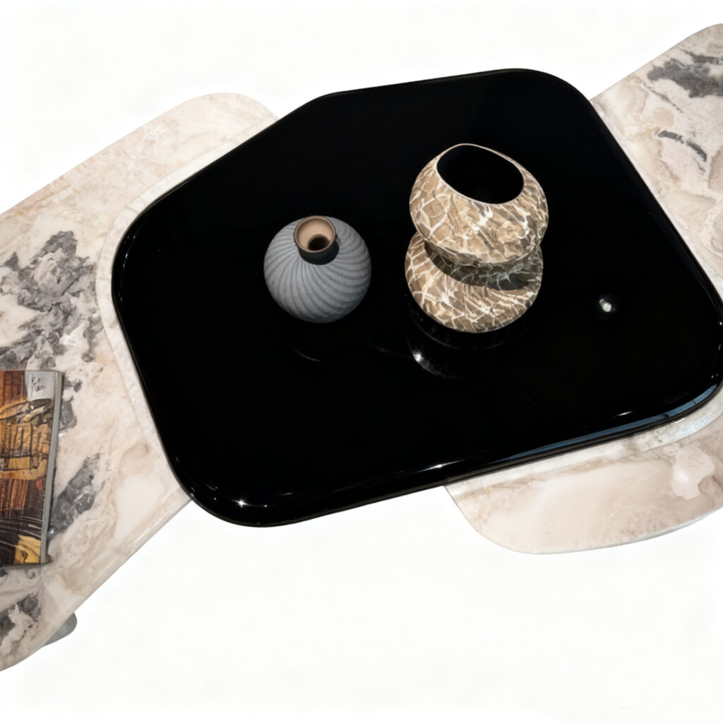 Luxury Marble Irregular Coffee Table with Black Glossy Inlay