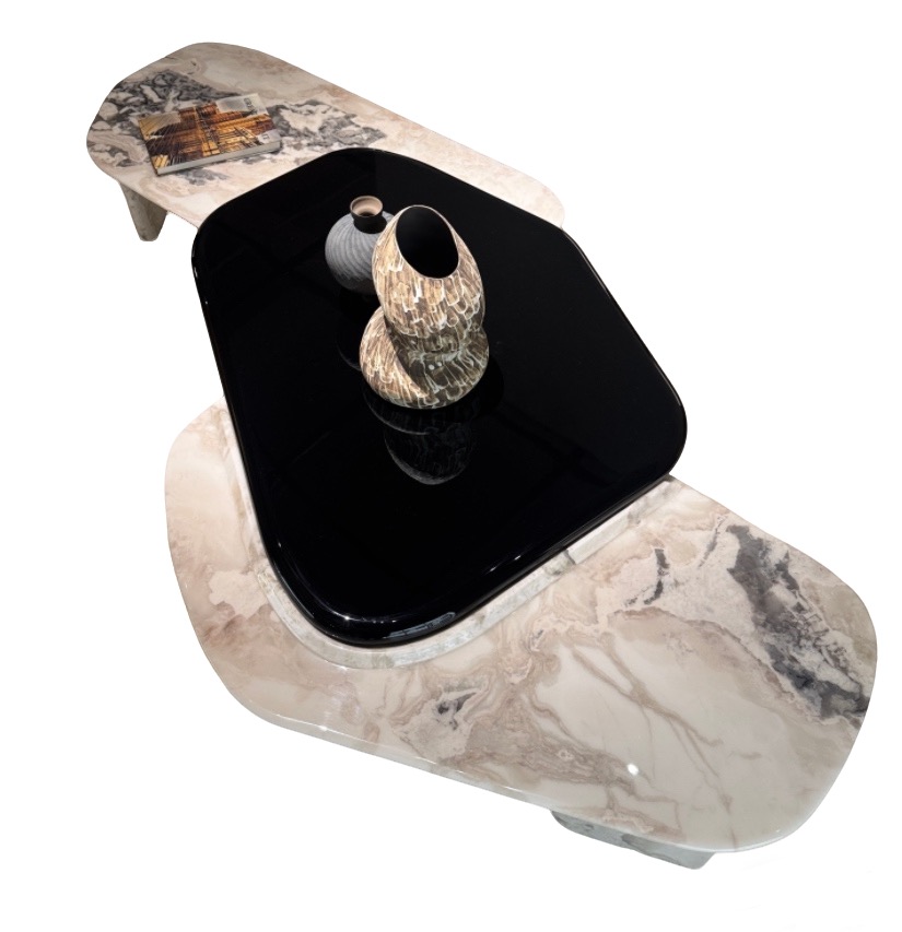 Luxury Marble Irregular Coffee Table with Black Glossy Inlay