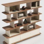 Modern Asymmetric Wooden Open Display Shelf with Storage Cabinets