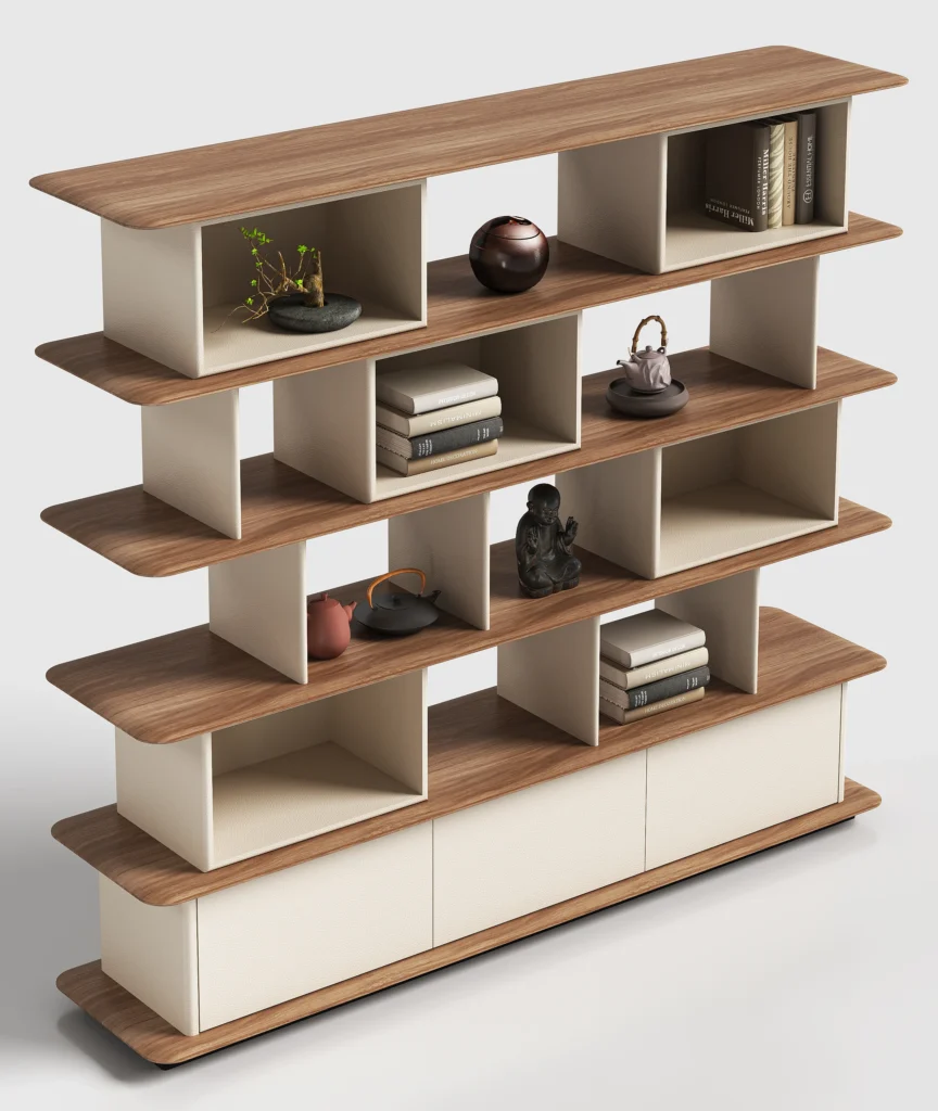 Modern Asymmetric Wooden Open Display Shelf with Storage Cabinets