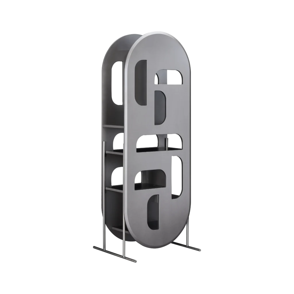 Modern Curved Metal Frame Open Display Shelf with Cutout Compartments