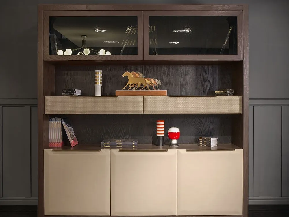 Modern Two Tone Wooden Display Shelf with Closed Storage Cabinets