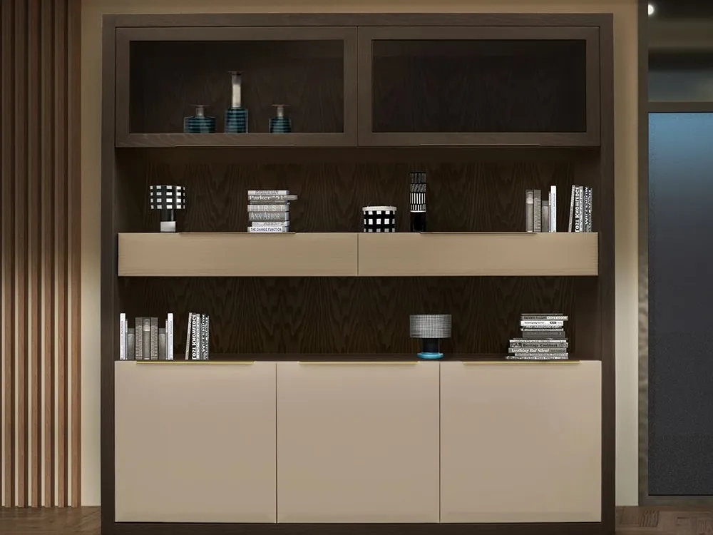 Modern Two Tone Wooden Display Shelf with Closed Storage Cabinets
