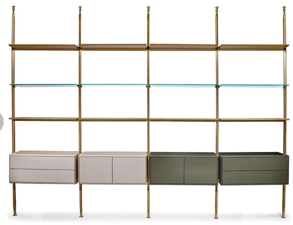 Modular Gold Metal Frame Wall Unit with Glass Shelves and Storage Cabinets
