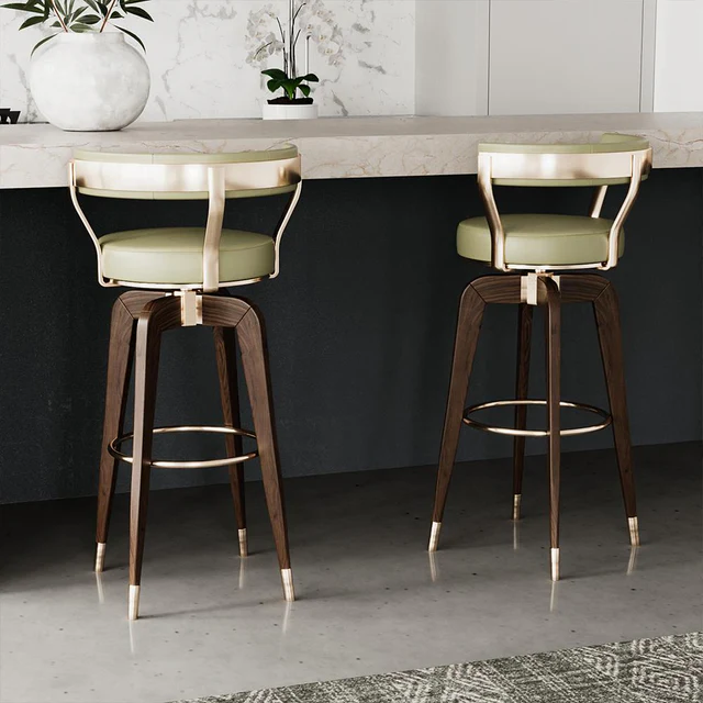 Olive Green Upholstered Walnut Wood Counter Bar Stool